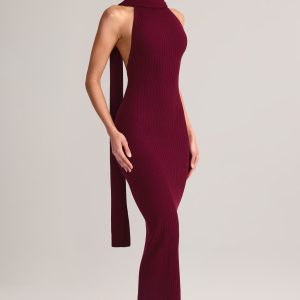 Rib-Knit Scarf-Detail Halterneck Maxi Dress in Wine