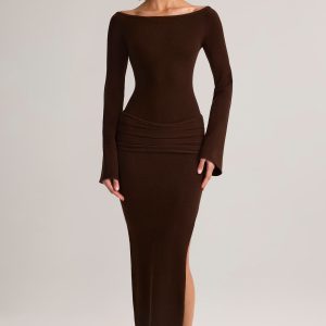 Rib-Knit Boat-Neck Long-Sleeve Maxi Dress in Chocolate Brown