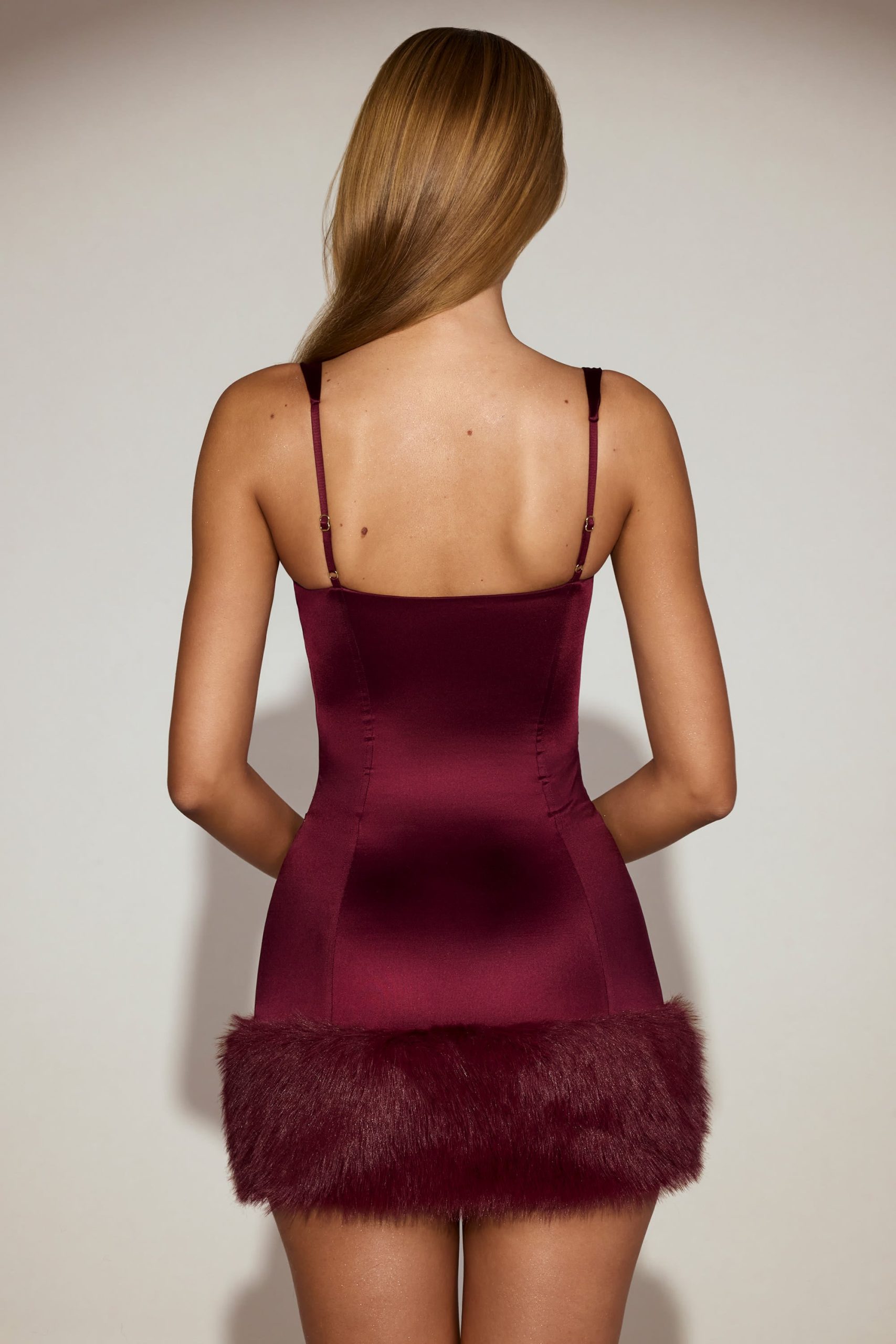 Satin Square-Neck Corset Faux-Fur Mini Dress in Wine Red - Image 7