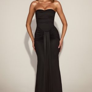 Satin Peekaboo Bandeau Draped Gown in Black