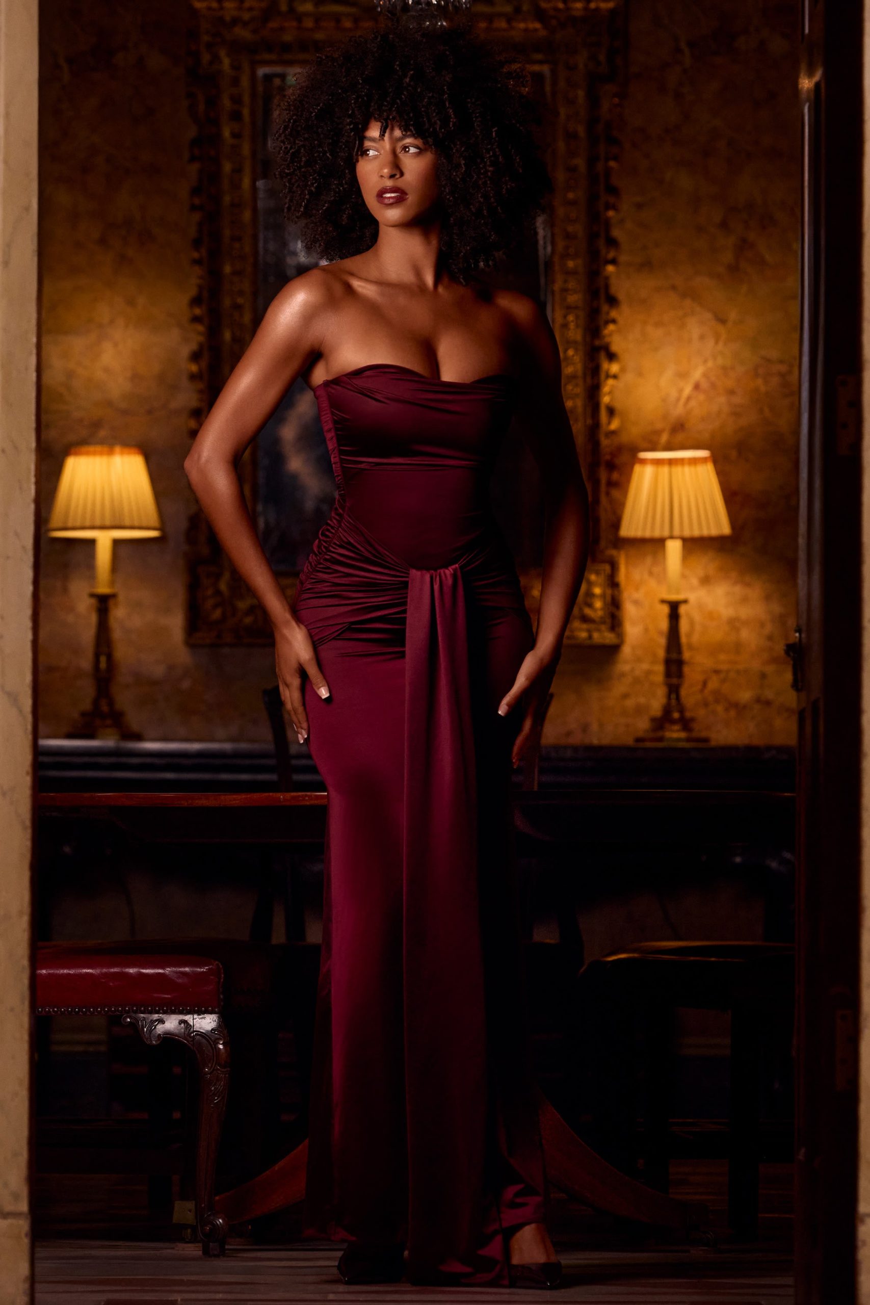 Satin Peekaboo Bandeau Draped Gown in Wine Red - Image 2