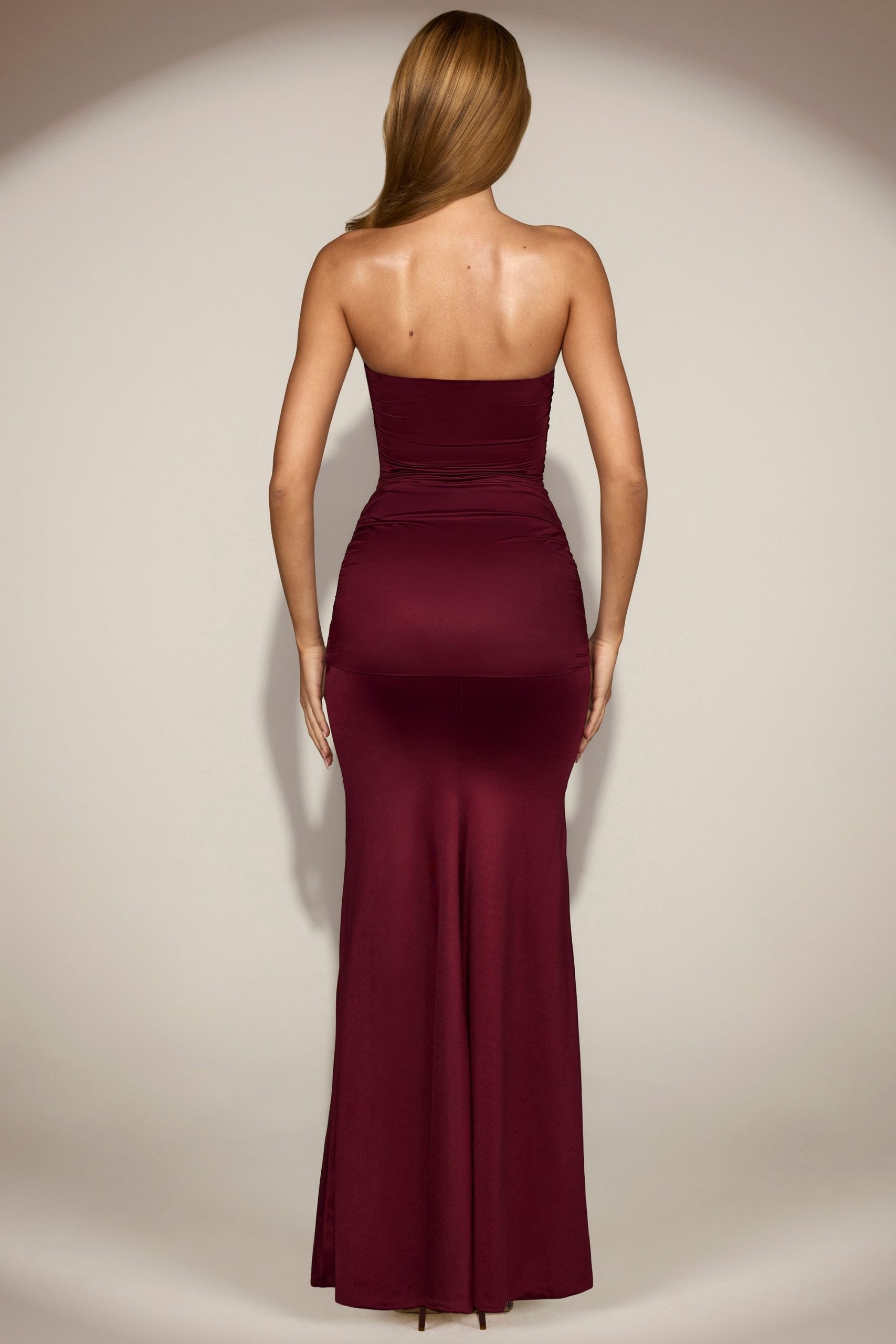 Satin Peekaboo Bandeau Draped Gown in Wine Red - Image 3