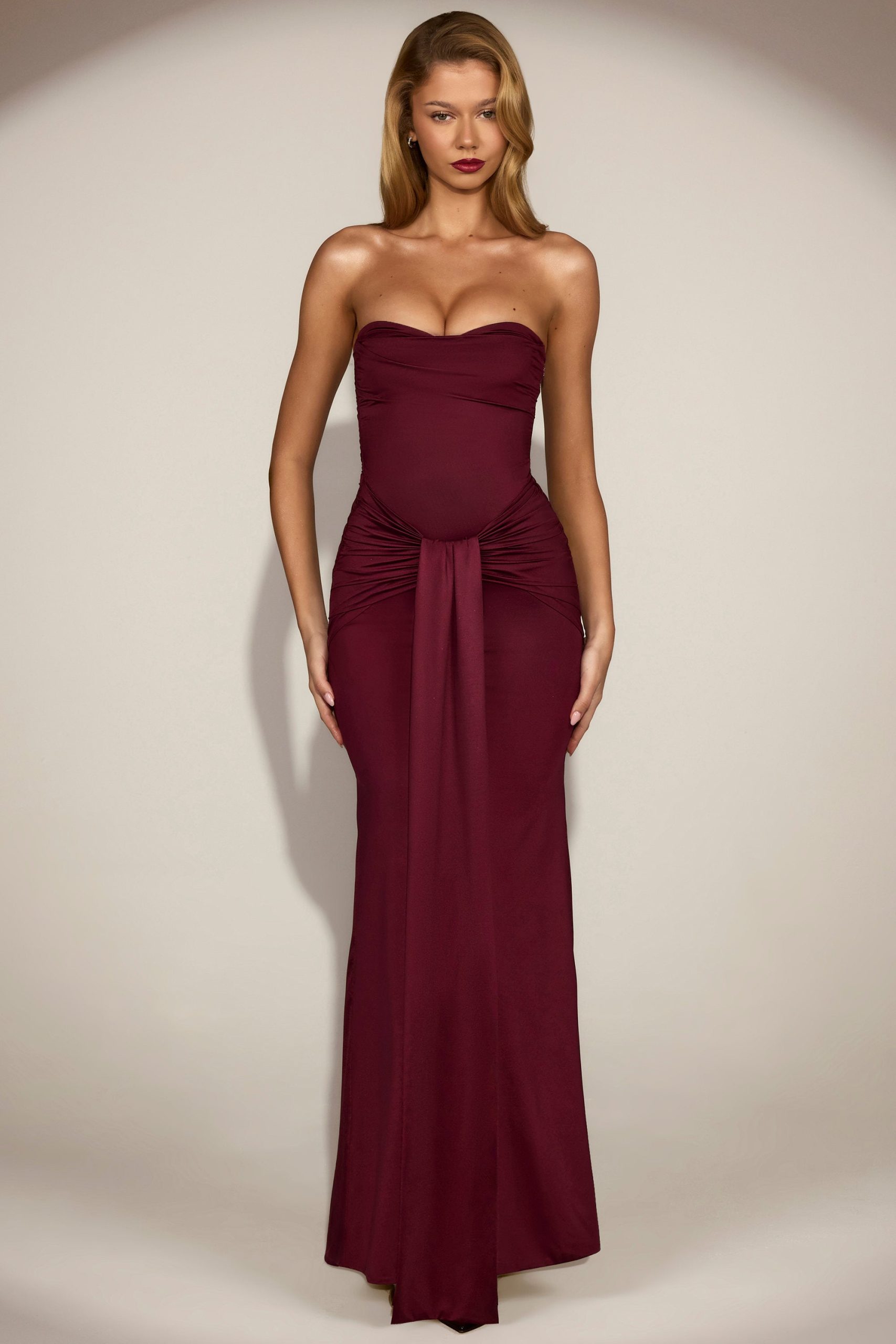 Satin Peekaboo Bandeau Draped Gown in Wine Red - Image 6