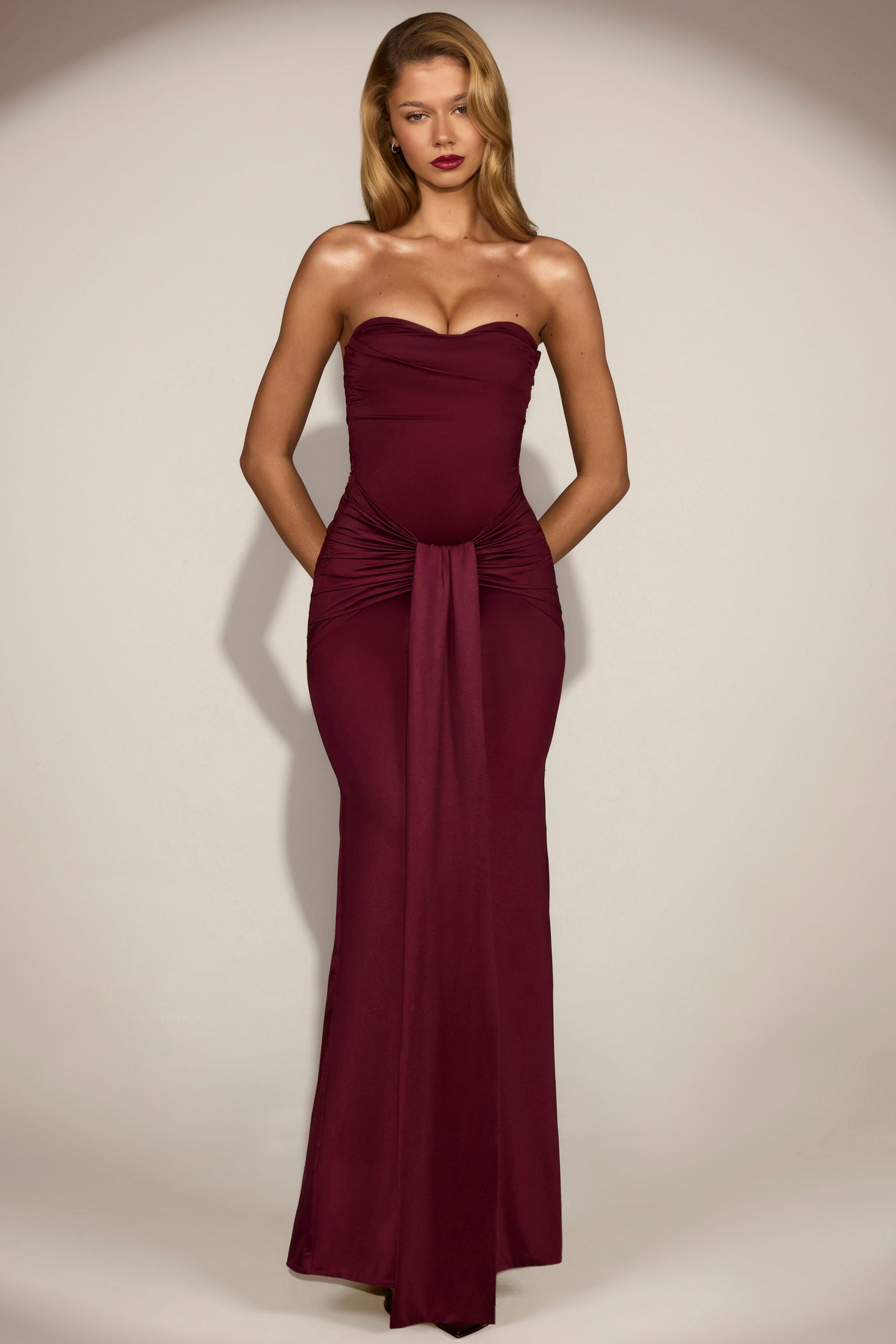 Satin Peekaboo Bandeau Draped Gown in Wine Red - Image 9