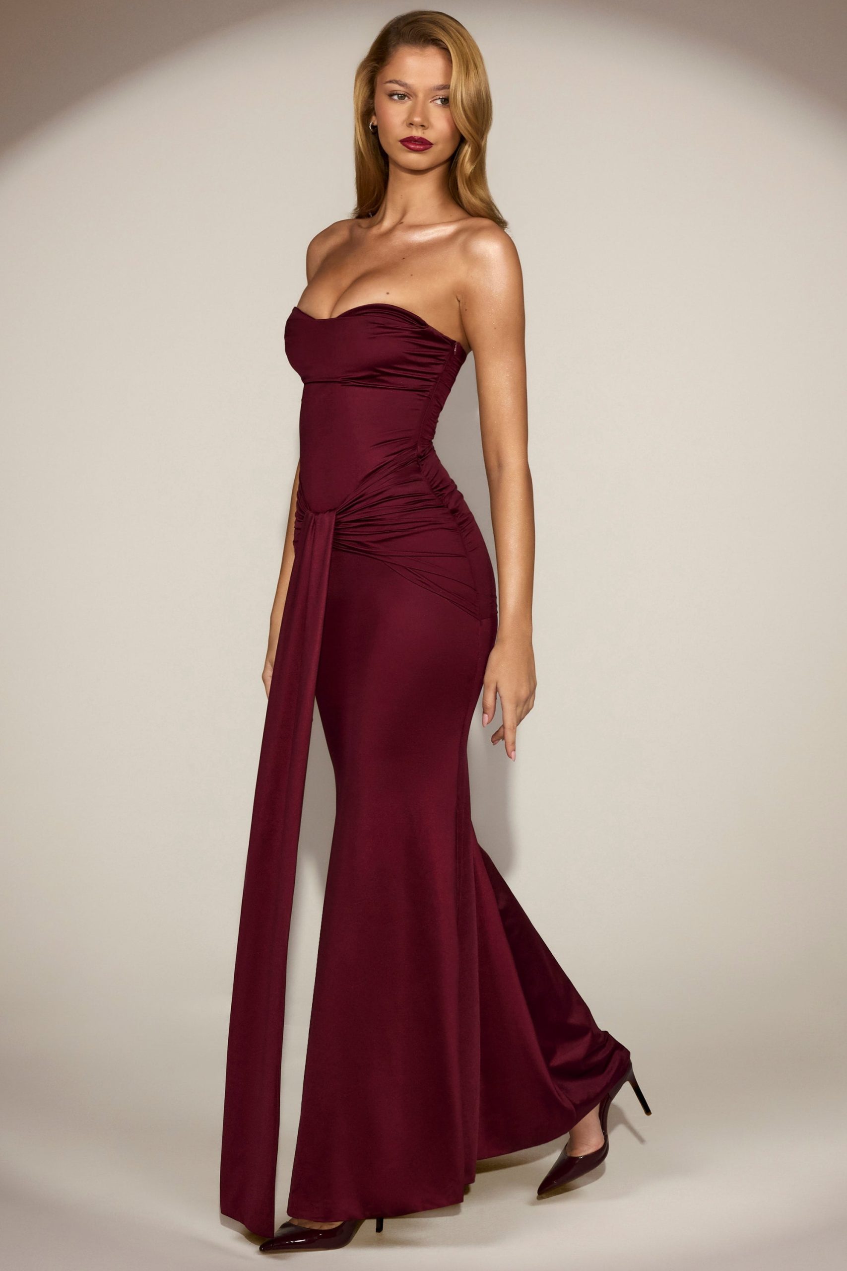 Satin Peekaboo Bandeau Draped Gown in Wine Red - Image 10