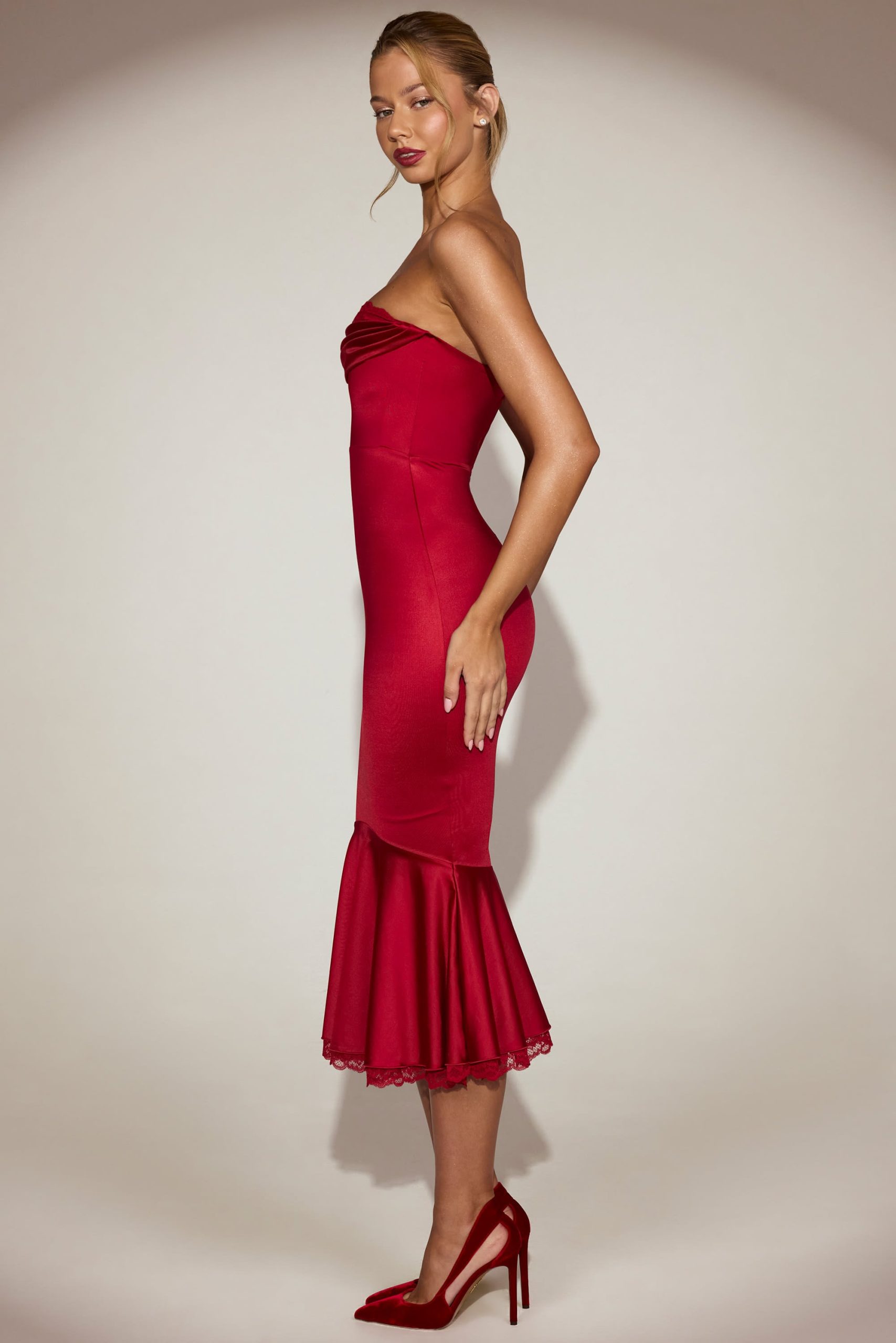 Satin Lace-Trim Bandeau Fluted Midaxi Dress in True Red - Image 3