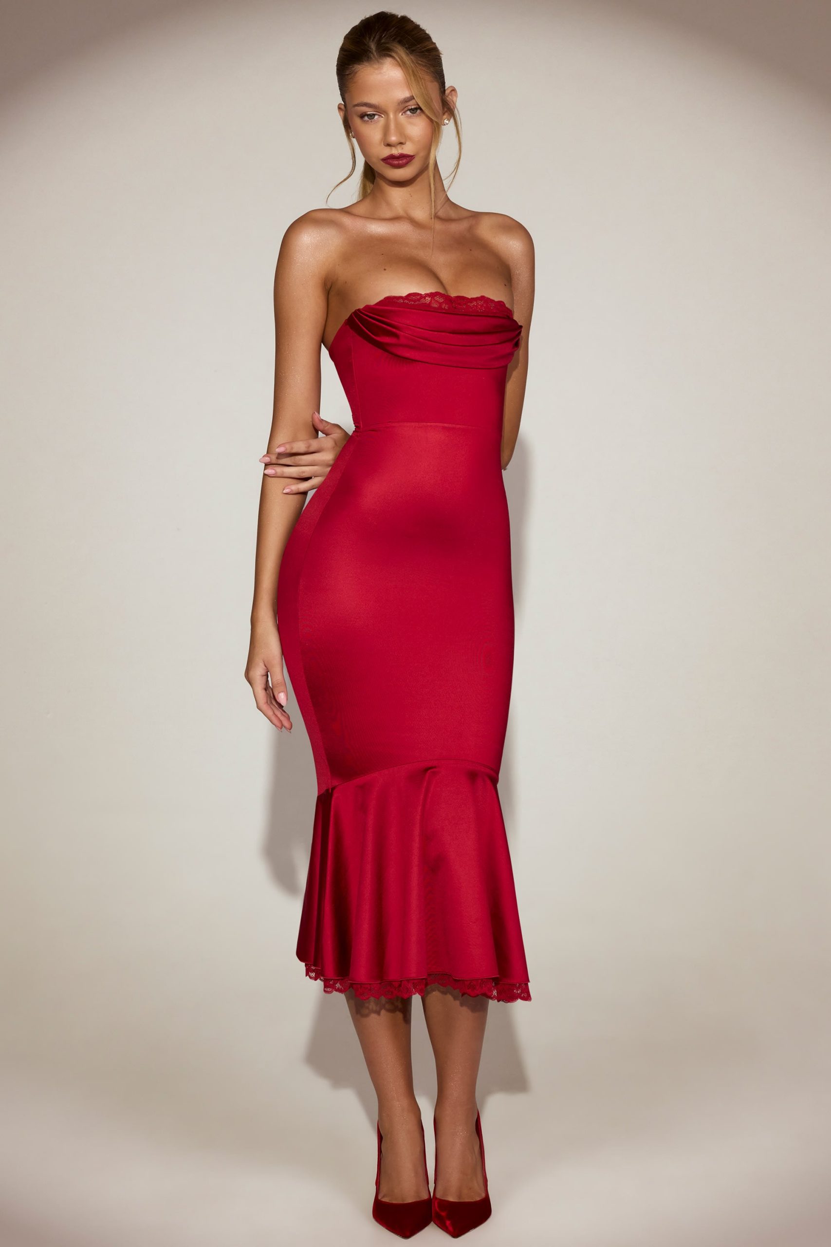 Satin Lace-Trim Bandeau Fluted Midaxi Dress in True Red - Image 8