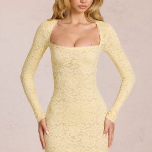 Scalloped-Lace Long-Sleeve Mini Dress in Lemon Yellow
