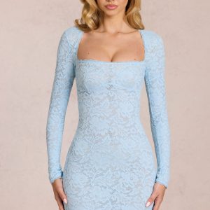 Scalloped-Lace Long-Sleeve Mini Dress in Powder Blue