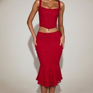 Lace Mid-Rise Fluted Midi Skirt in True Red