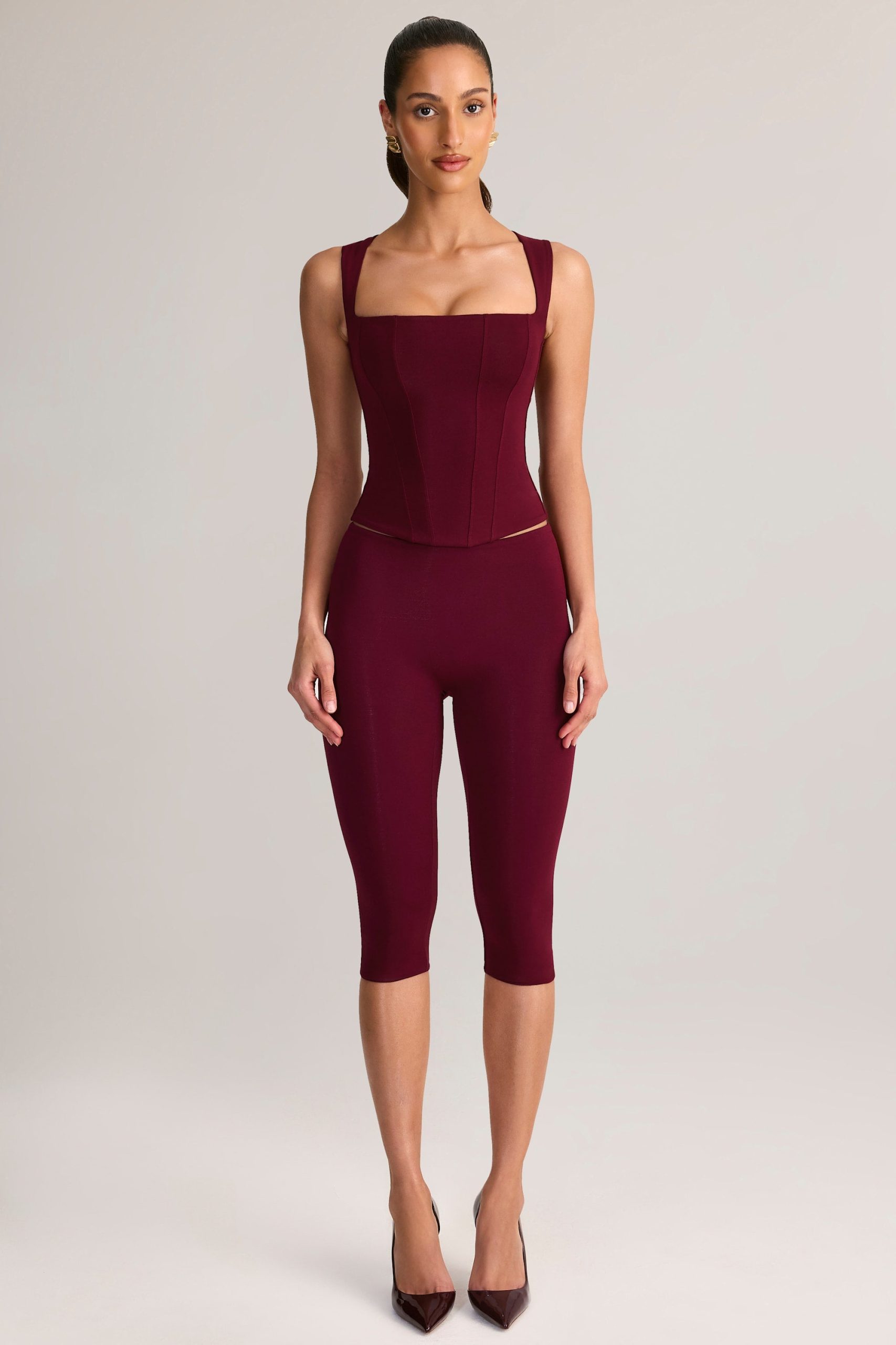 Modal Mid-Rise Capri Leggings in Wine - Image 4