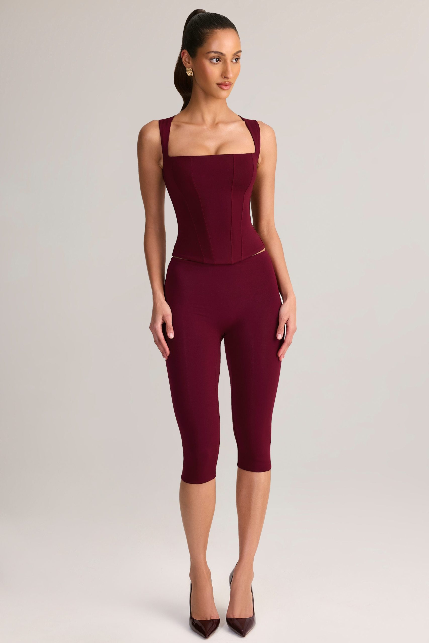 Modal Mid-Rise Capri Leggings in Wine - Image 5