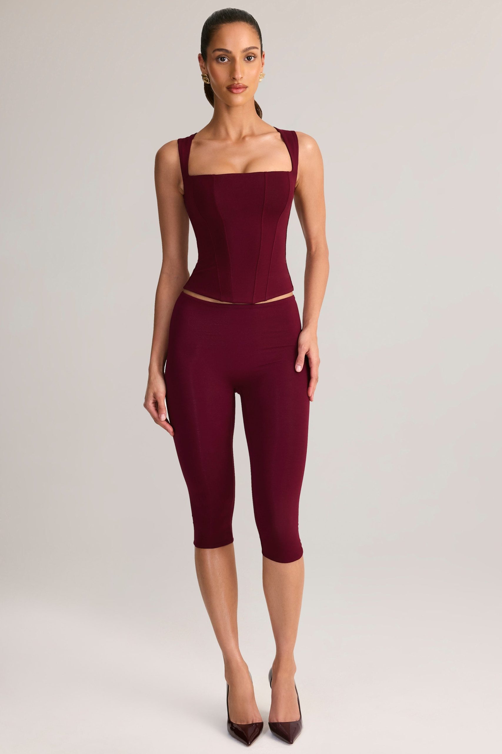 Modal Mid-Rise Capri Leggings in Wine - Image 6