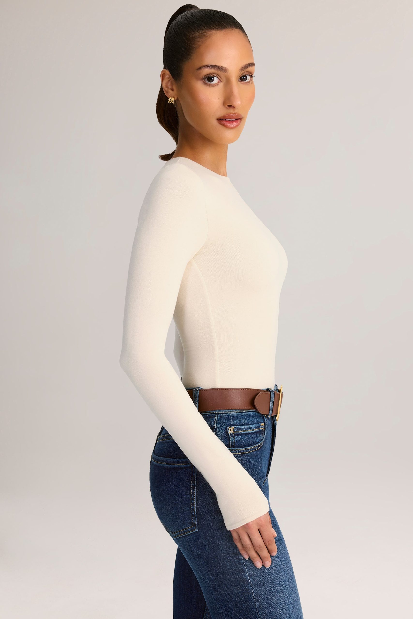Modal Round-Neck Long-Sleeve Bodysuit in Cream - Image 3