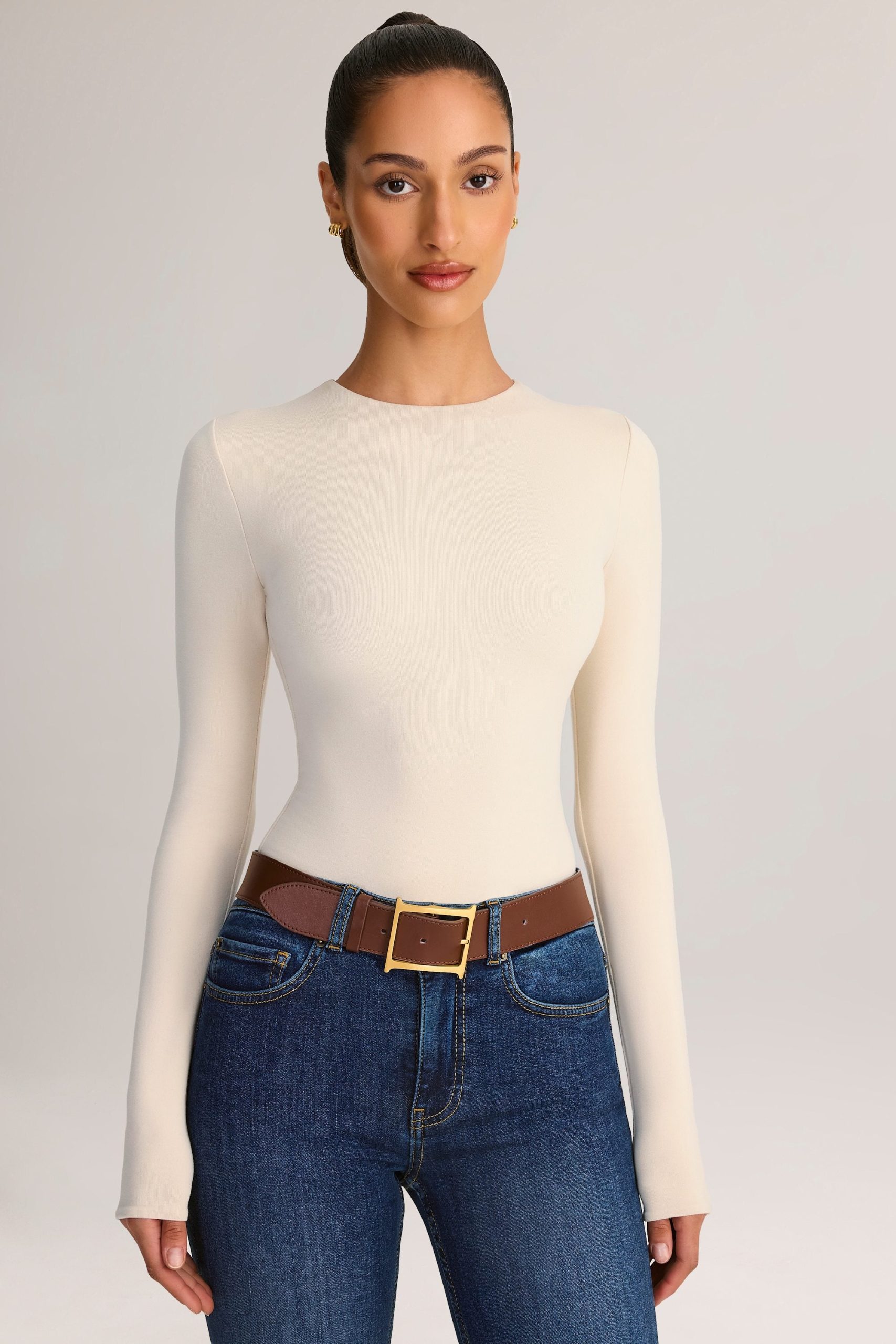 Modal Round-Neck Long-Sleeve Bodysuit in Cream - Image 4