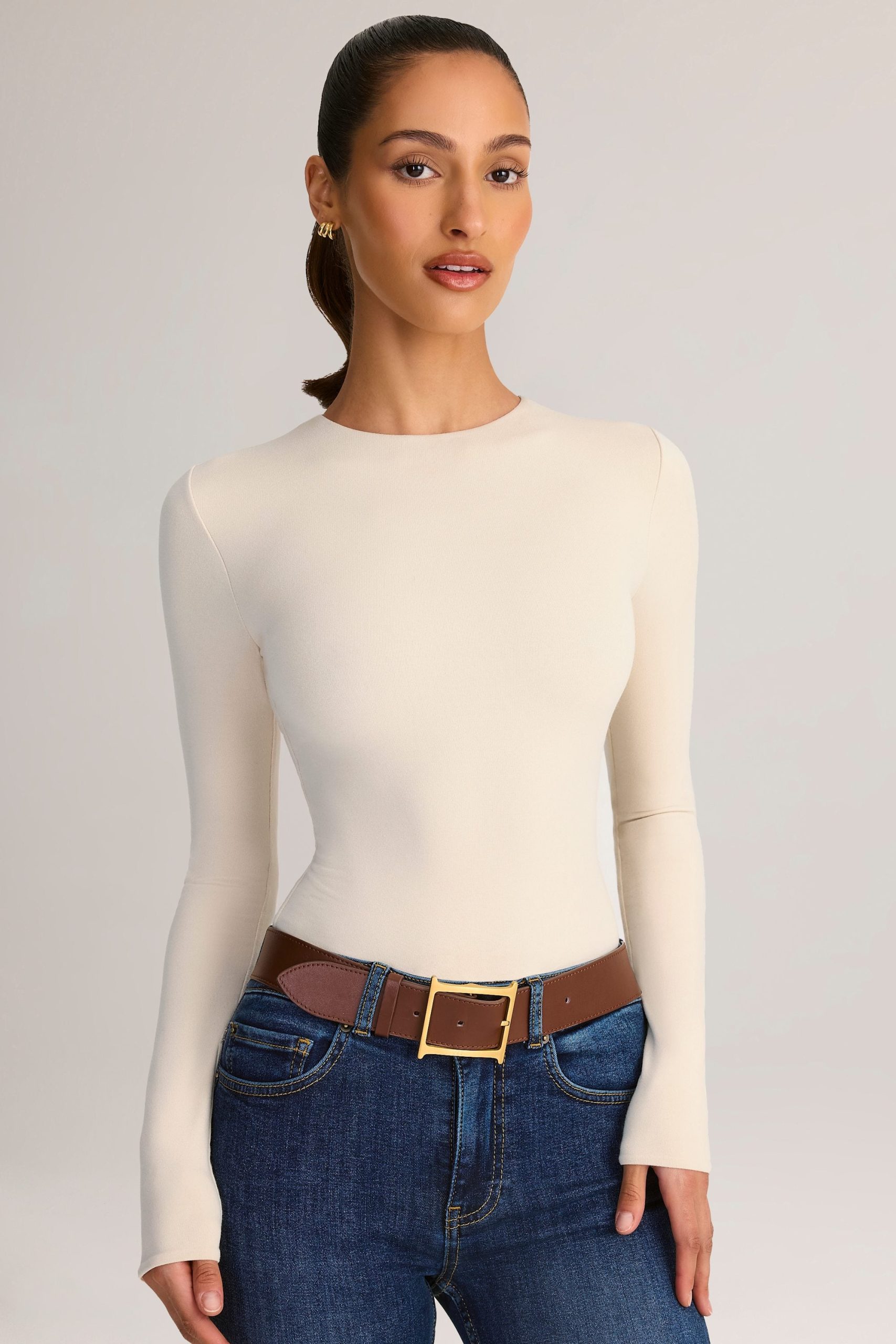 Modal Round-Neck Long-Sleeve Bodysuit in Cream - Image 5