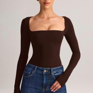Modal Square-Neck Long-Sleeve Top in Chocolate Brown