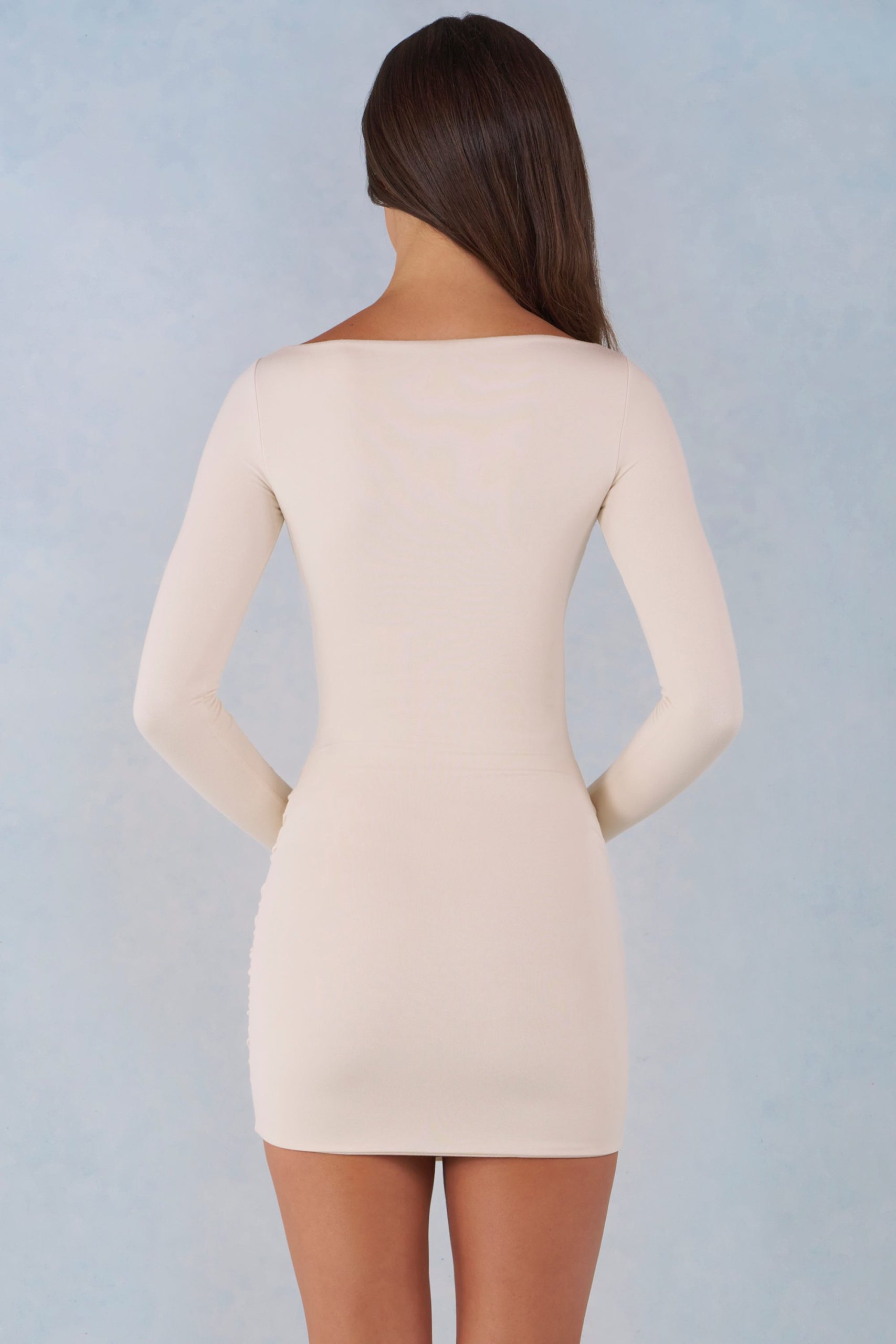 Modal Boat-Neck Draped Long-Sleeve Mini Dress in Ivory - Image 3