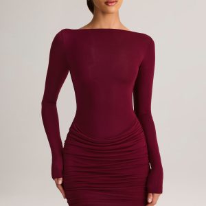 Modal Boat-Neck Draped Long-Sleeve Mini Dress in Wine
