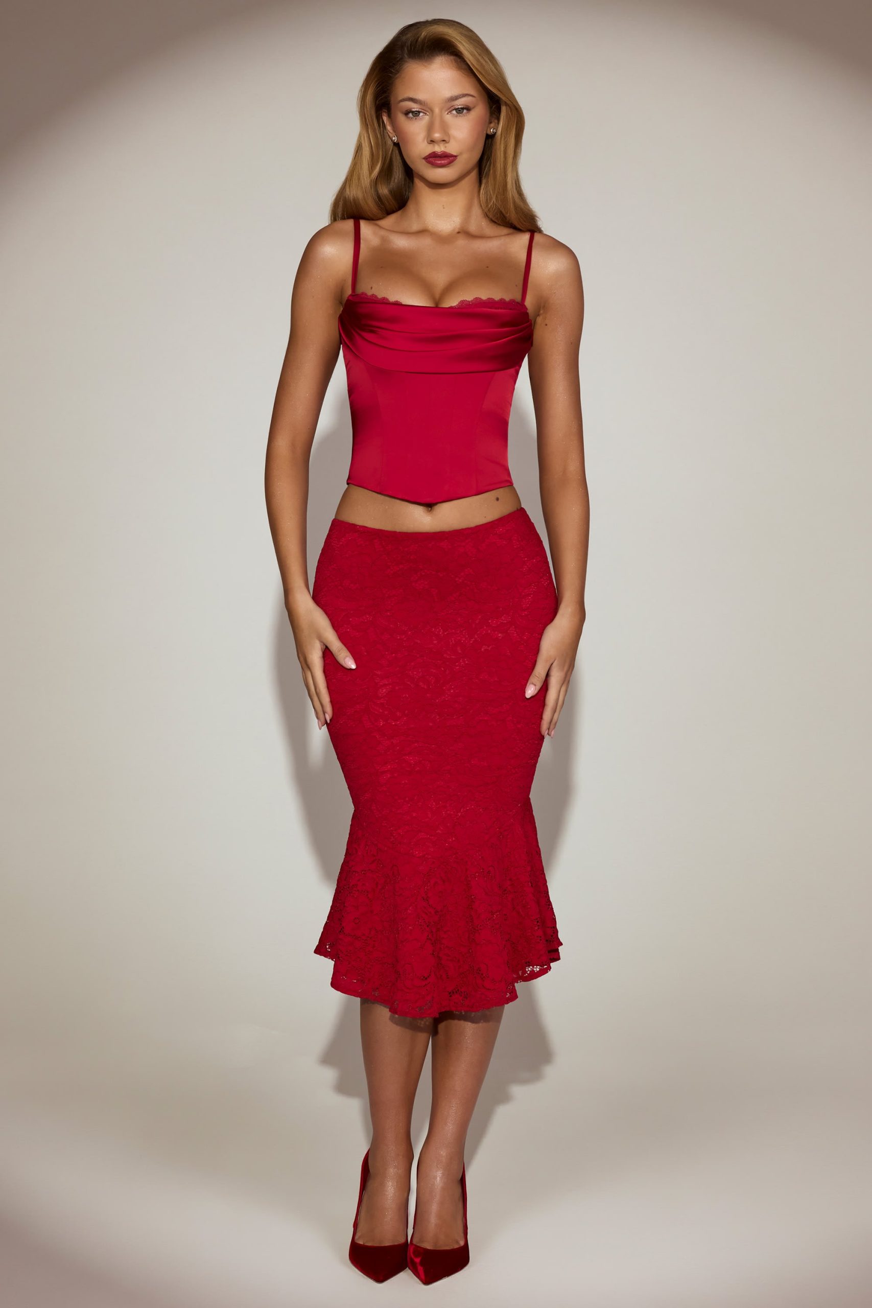 Satin Cowl-Neck Lace-Up Corset Top in True Red - Image 7