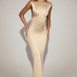 Satin Boat-Neck Twist-Back Maxi Dress in Champagne