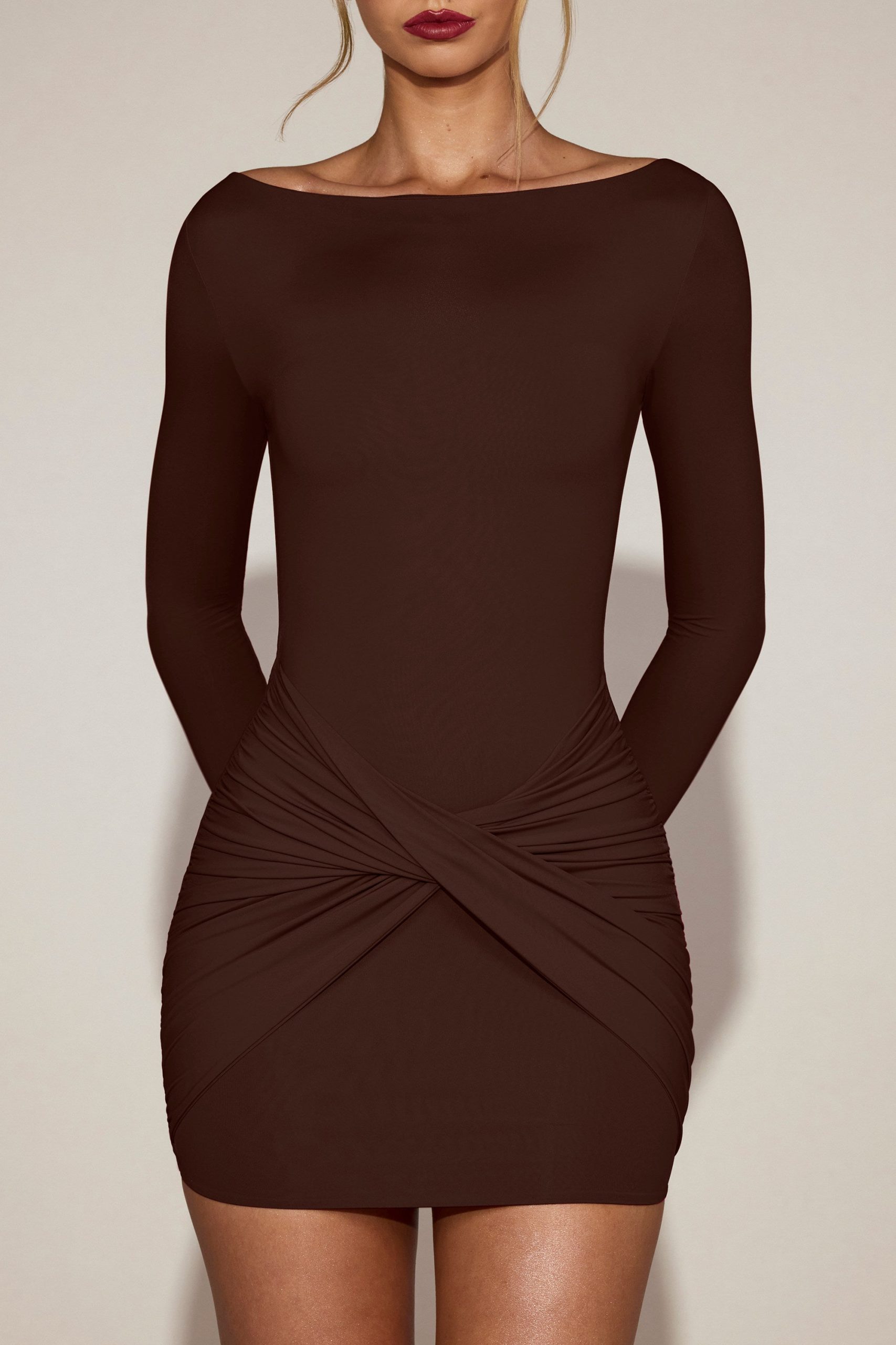 Soft-Jersey Boat-Neck Draped Mini Dress in Chocolate Brown - Image 5