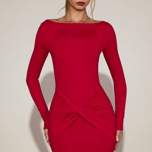 Soft-Jersey Boat-Neck Draped Mini Dress in True Red