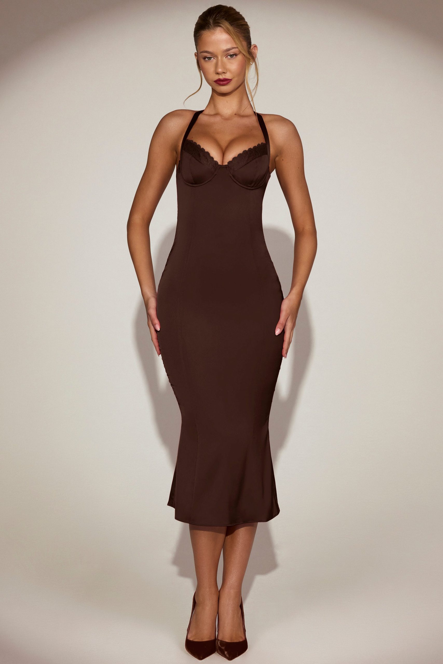 Satin Sweetheart Bustier Fishtail Midaxi Dress in Chocolate Brown - Image 7