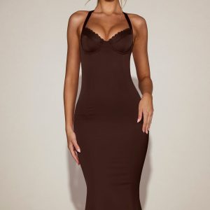 Satin Sweetheart Bustier Fishtail Midaxi Dress in Chocolate Brown