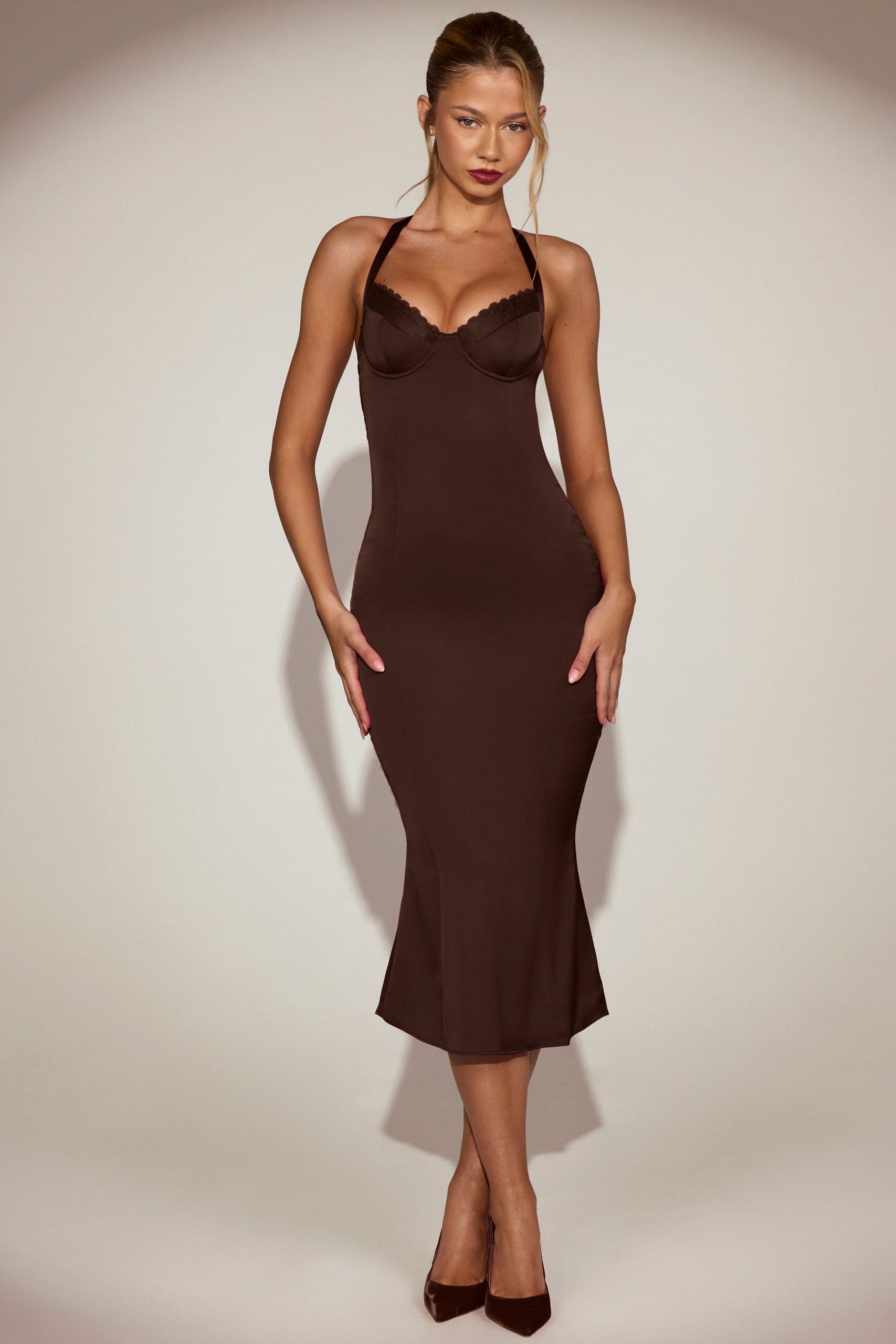 Satin Sweetheart Bustier Fishtail Midaxi Dress in Chocolate Brown - Image 8