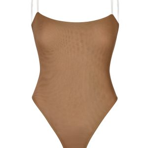 Soft Mesh Invisible Strap Thong Bodysuit in Almond