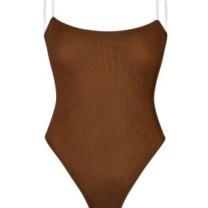 Soft Mesh Invisible Strap Thong Bodysuit in Chestnut