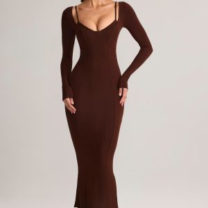 Modal Peekaboo Long-Sleeve Midi Dress in Chocolate Brown