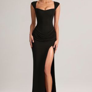 Modal Sweetheart-Neck Cowl-Waist Maxi Dress in Black