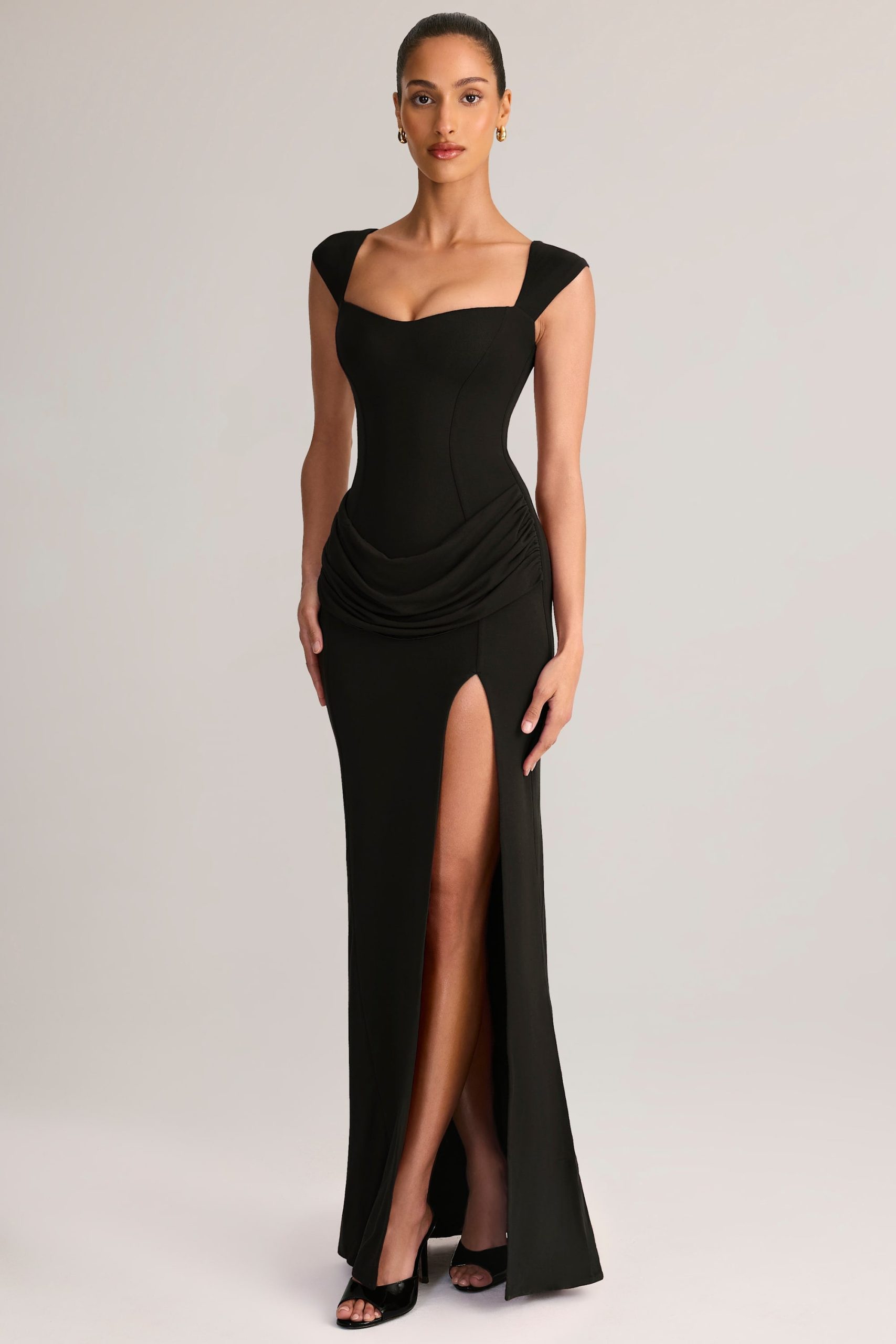 Modal Sweetheart-Neck Cowl-Waist Maxi Dress in Black - Image 6