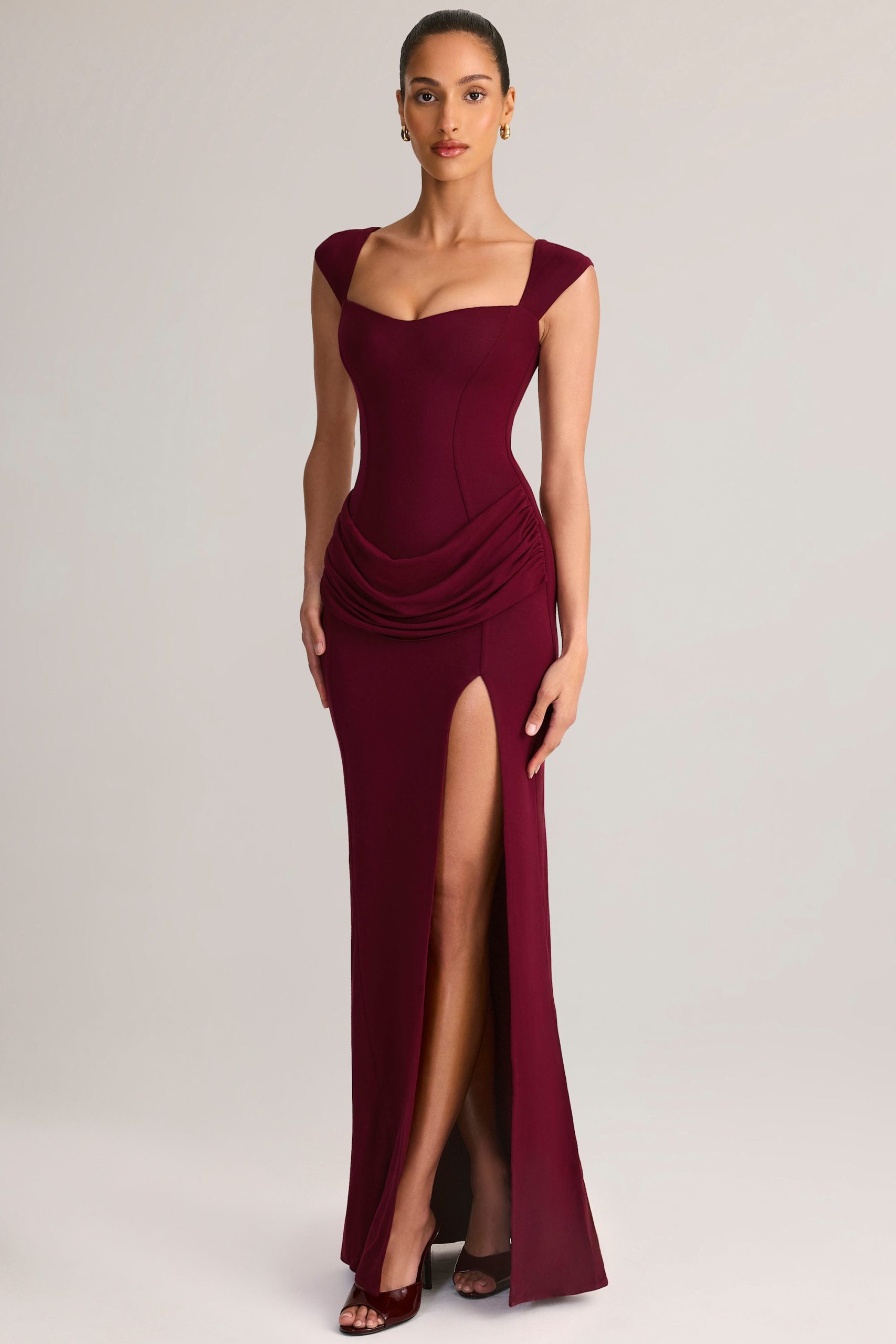 Modal Sweetheart-Neck Cowl-Waist Maxi Dress in Wine - Image 6