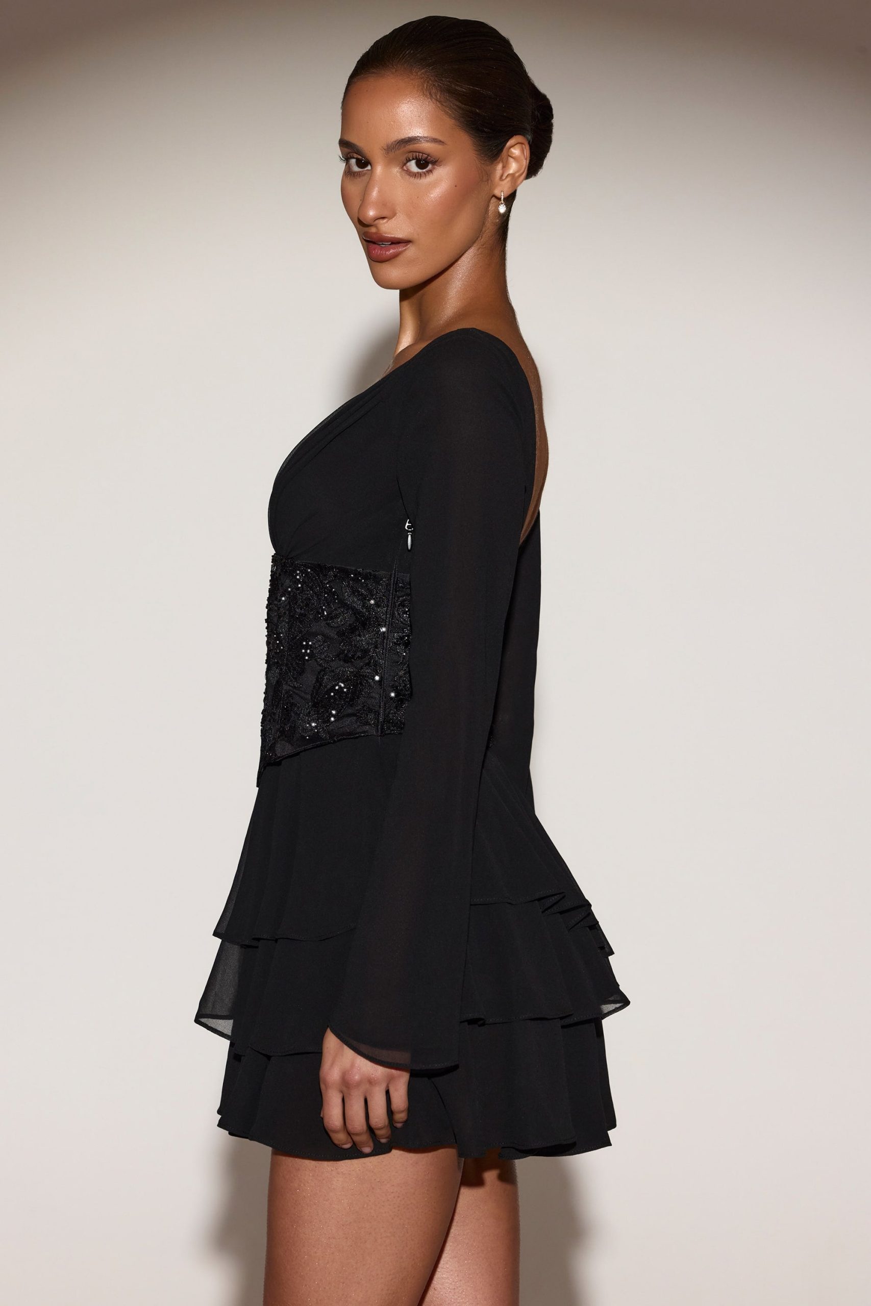 Chiffon Embellished Corset A-line Mini Dress in Black - Image 4