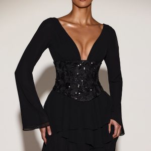 Chiffon Embellished Corset A-line Mini Dress in Black