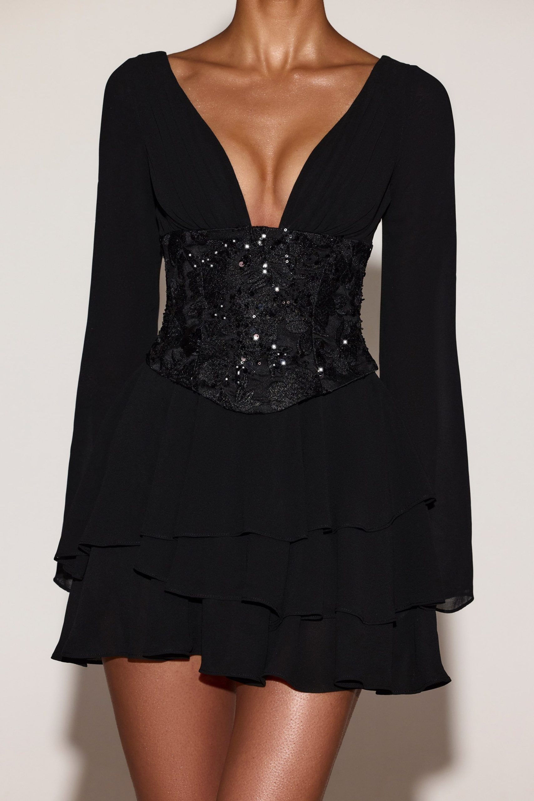 Chiffon Embellished Corset A-line Mini Dress in Black - Image 3