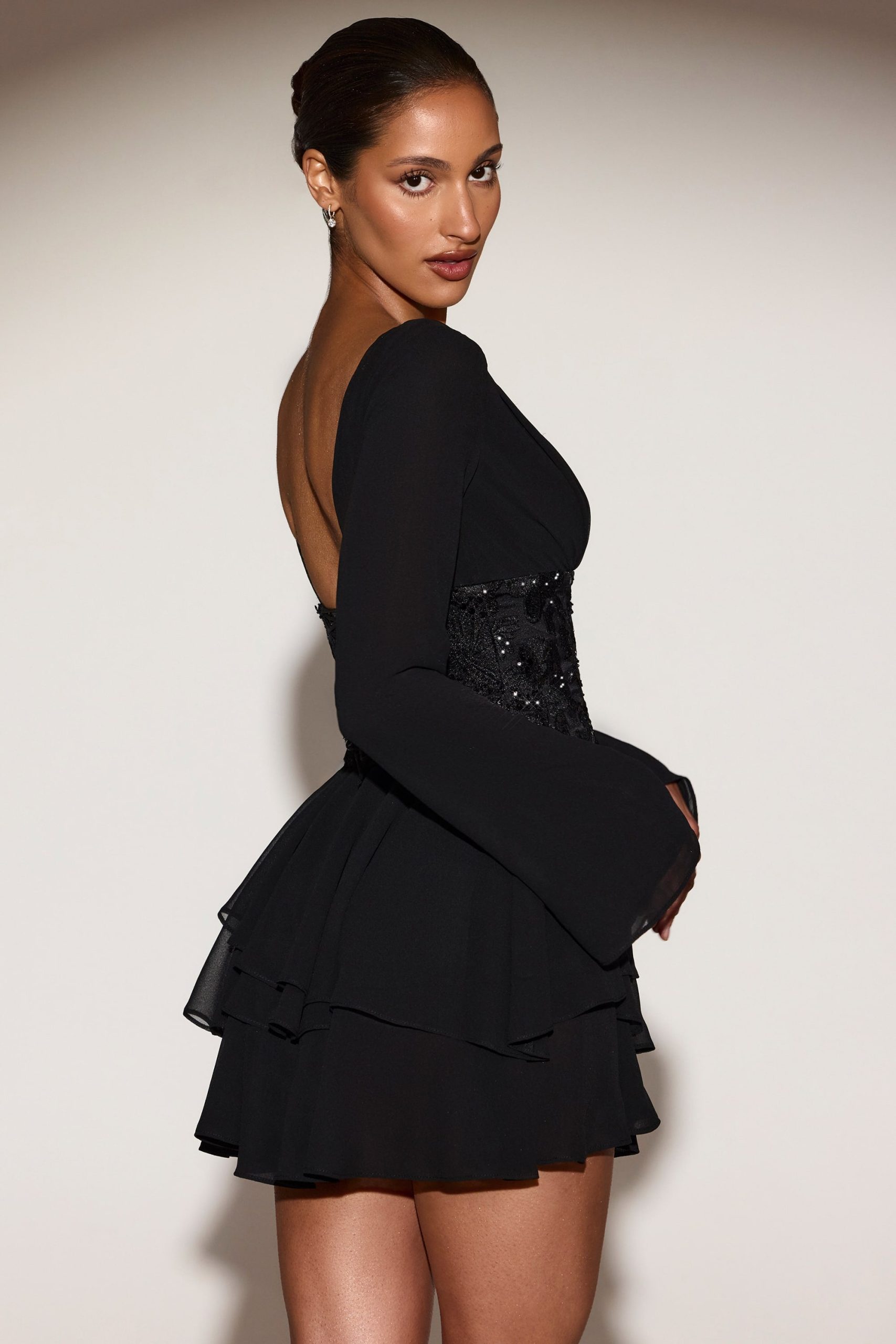 Chiffon Embellished Corset A-line Mini Dress in Black - Image 7