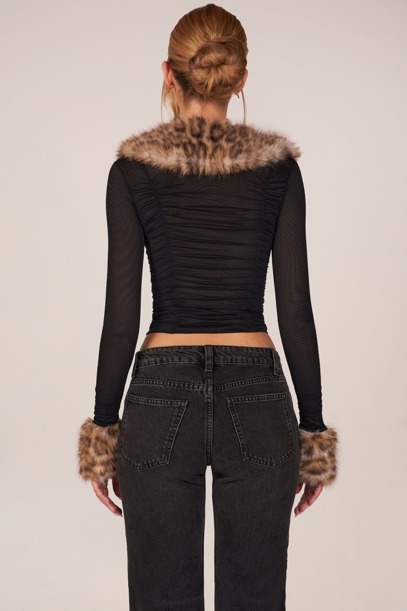 Faux Fur-Trim Sheer Mesh Cardigan in Black - Image 5