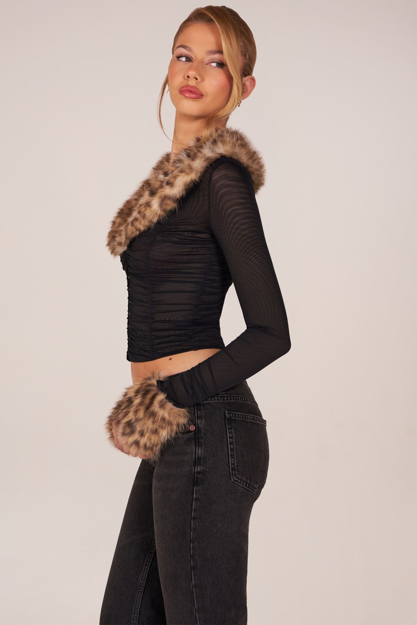 Faux Fur-Trim Sheer Mesh Cardigan in Black - Image 3