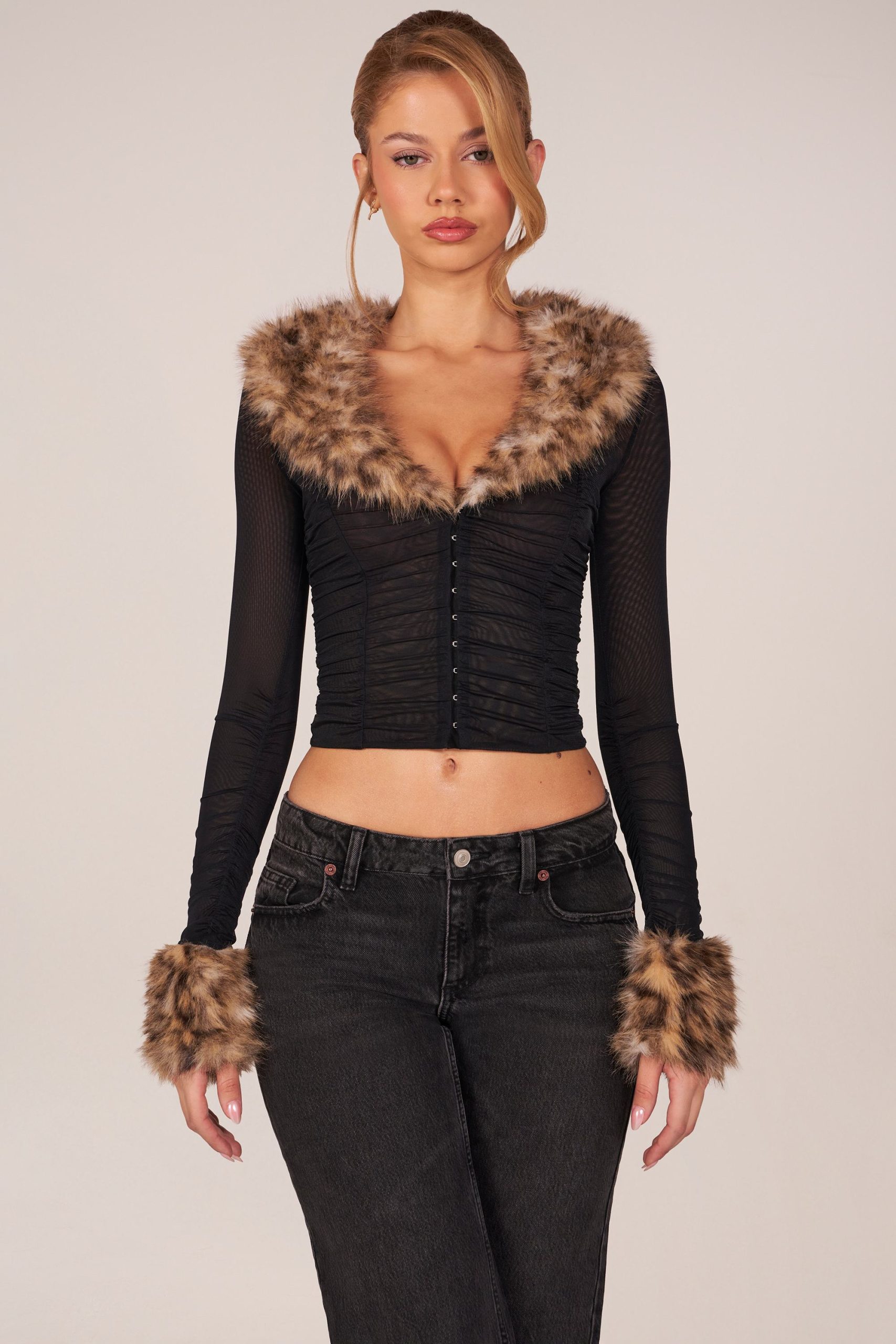 Faux Fur-Trim Sheer Mesh Cardigan in Black - Image 8