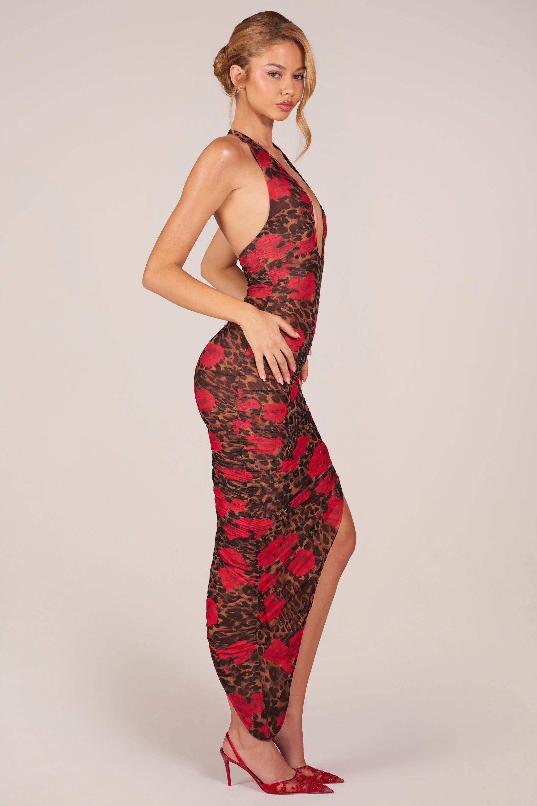 Halterneck Split Hem Midaxi Dress in Rose Leopard Print - Image 4