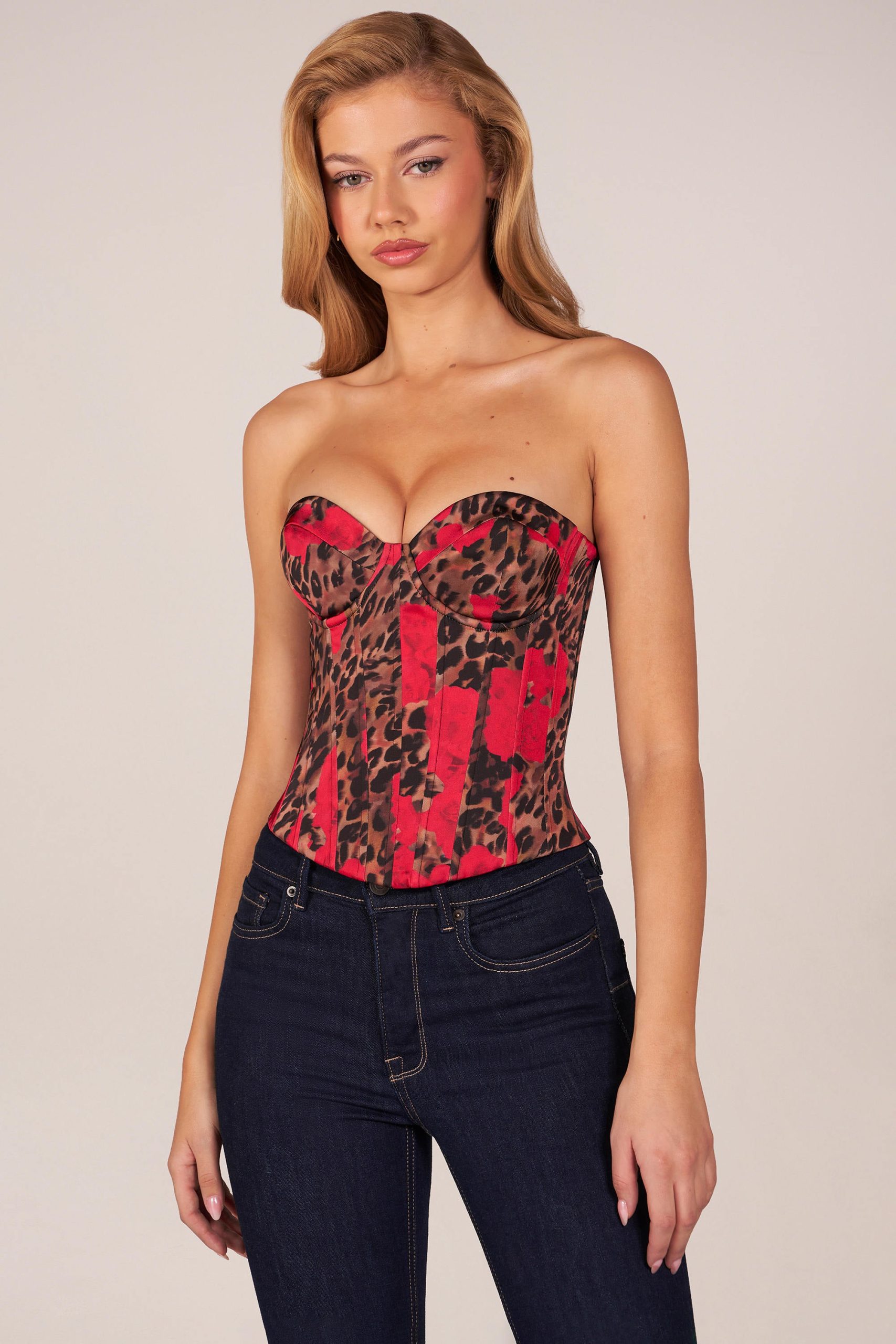 Bandeau Lace-Up Corset Top in Rose Leopard Print - Image 6