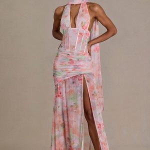 Premium Embellished Scarf-Detail Maxi Dress in Pink Floral Print