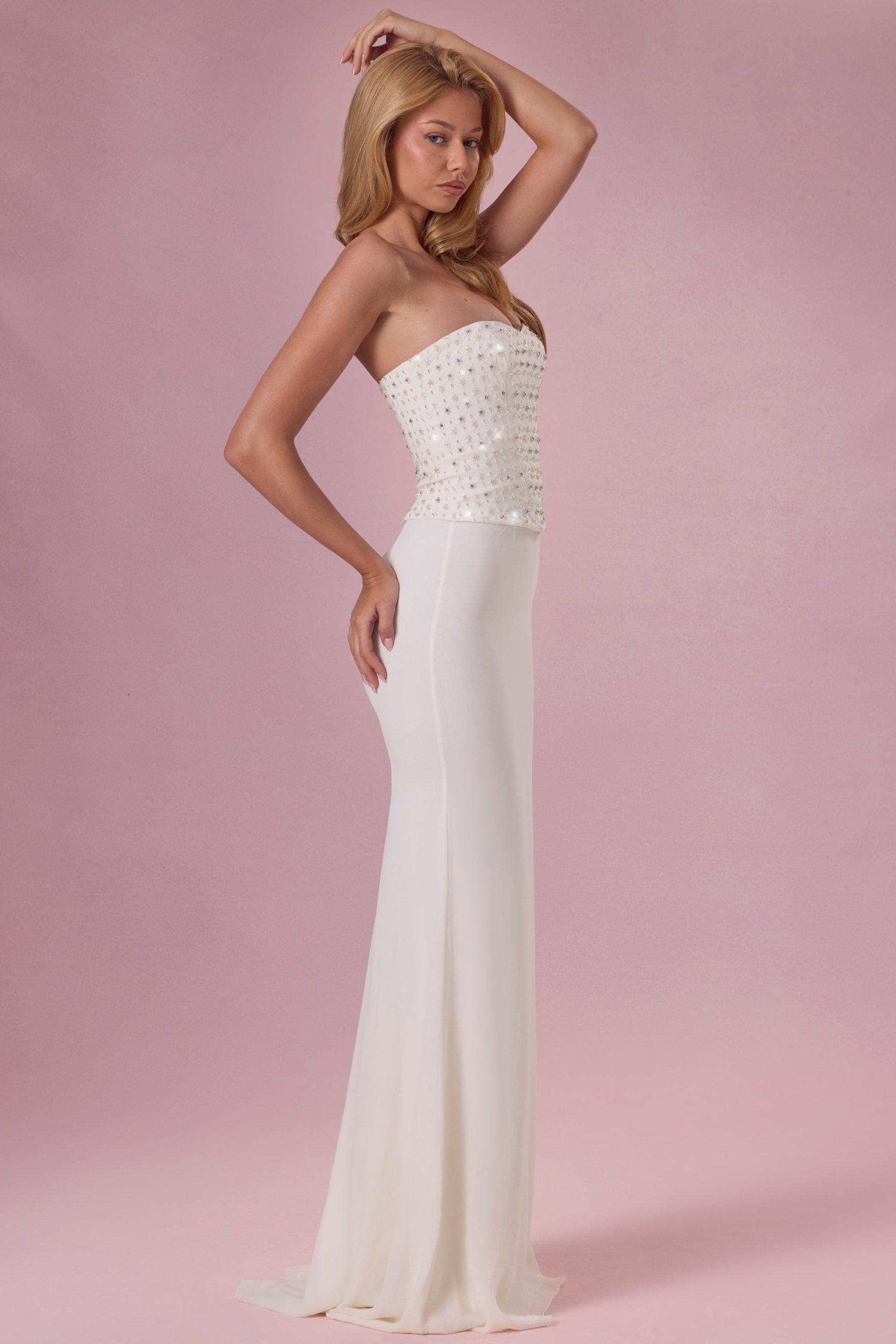 Embellished Corset Strapless Gown in Ivory - Image 3