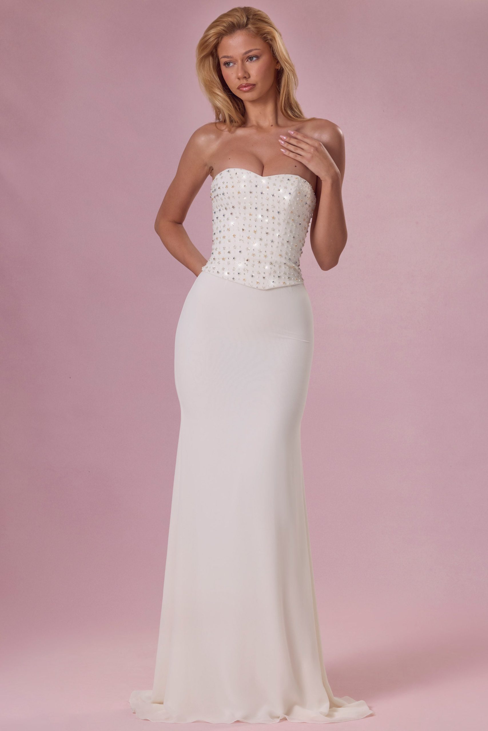 Embellished Corset Strapless Gown in Ivory - Image 5
