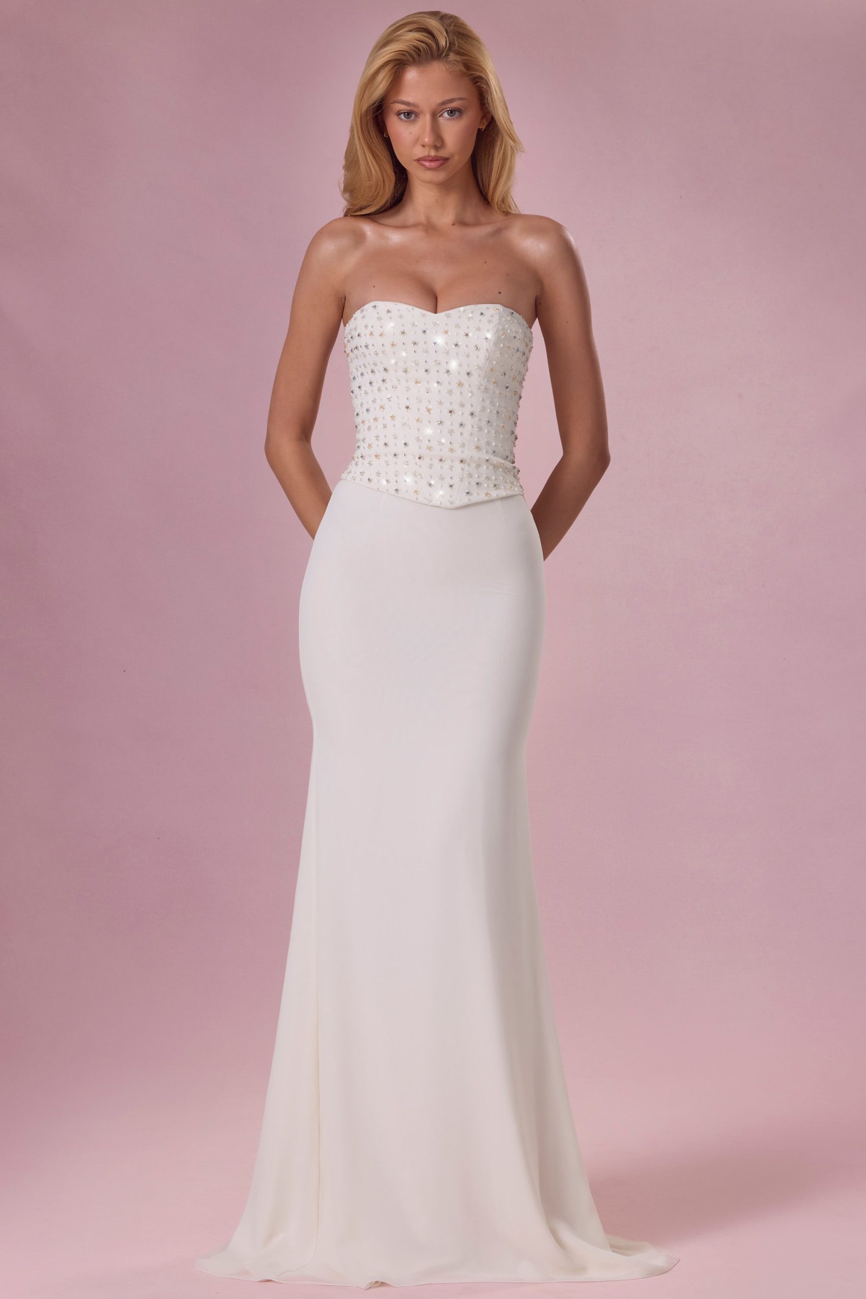 Embellished Corset Strapless Gown in Ivory - Image 7