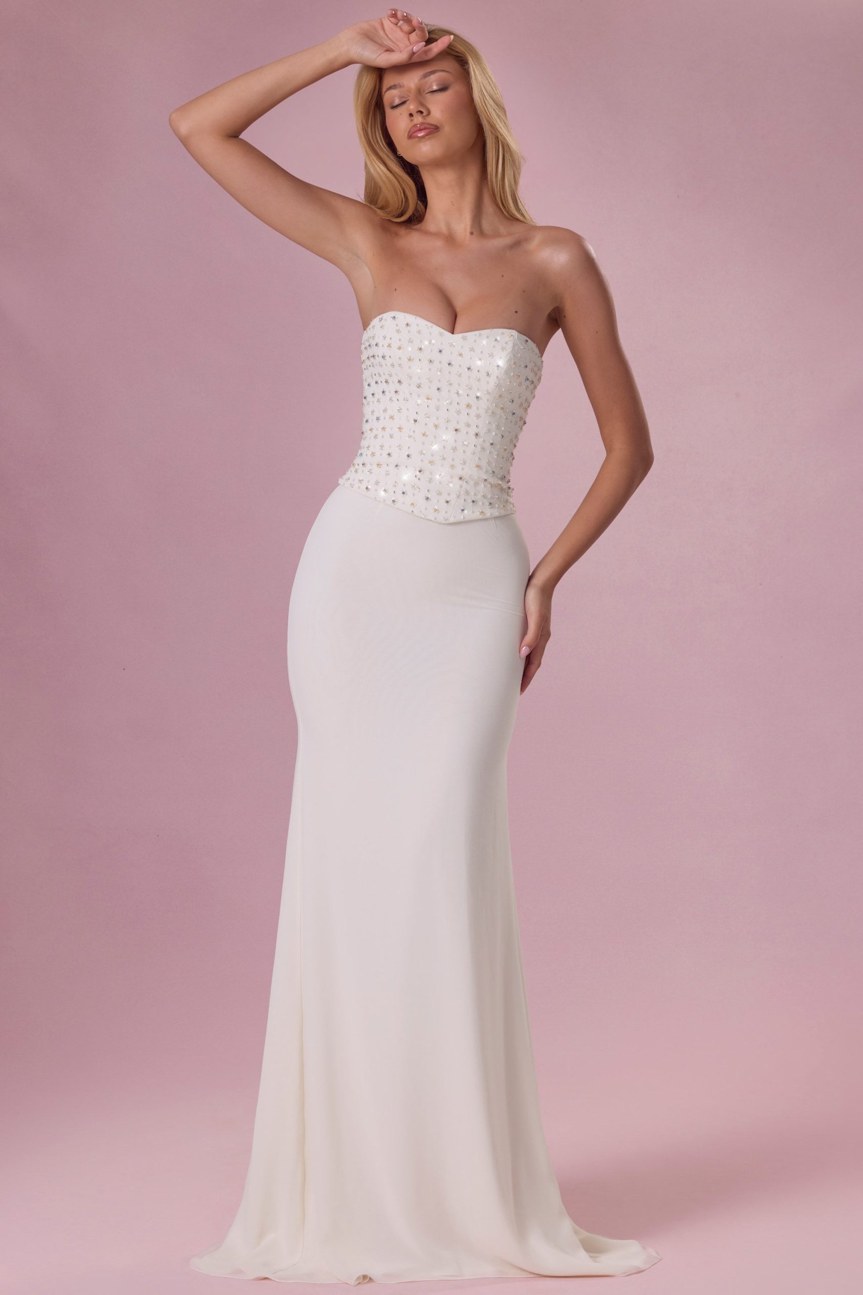 Embellished Corset Strapless Gown in Ivory - Image 8